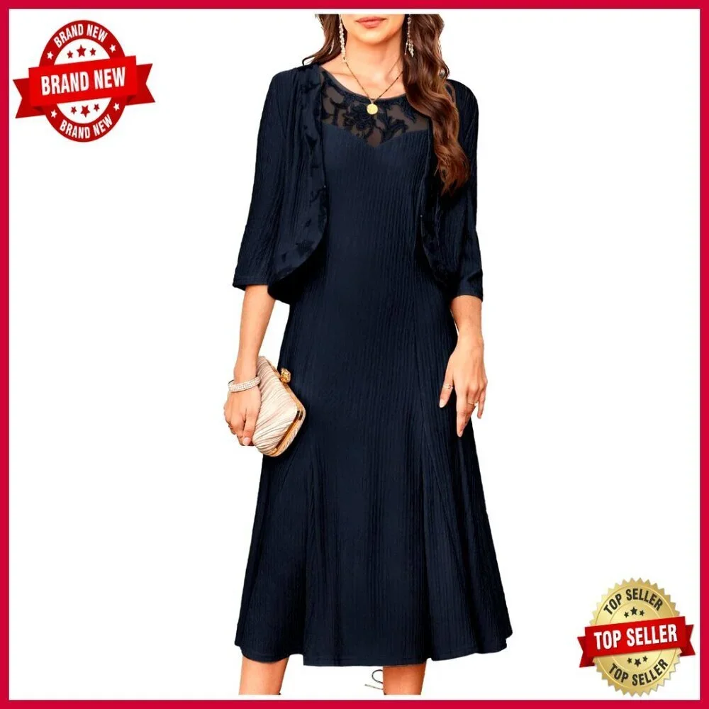 Lace Sequined Midi Dress with Jacket Formal Evening Wedding Guest Elegant